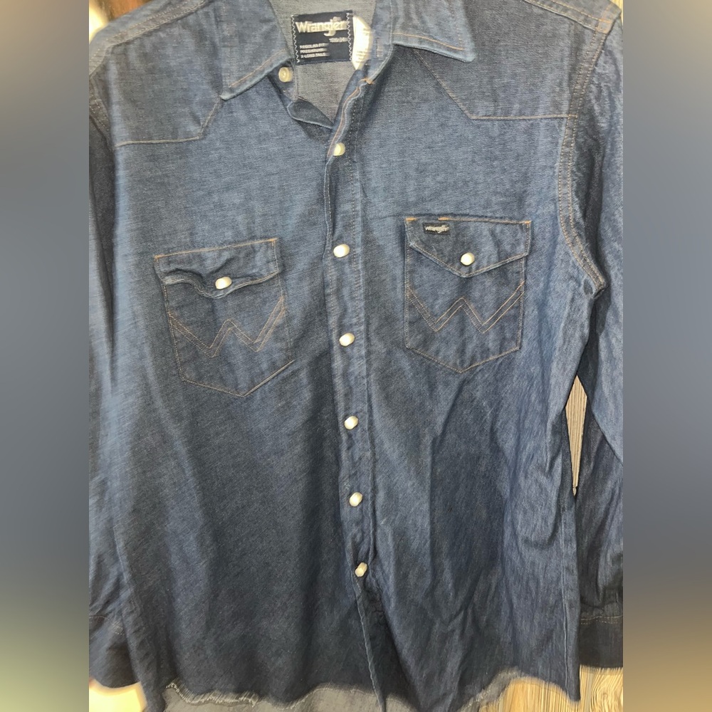 Vintage wrangler classic blue jean pearl snap cowboy cut 16.5/34 western shirt - Picture 2 of 5